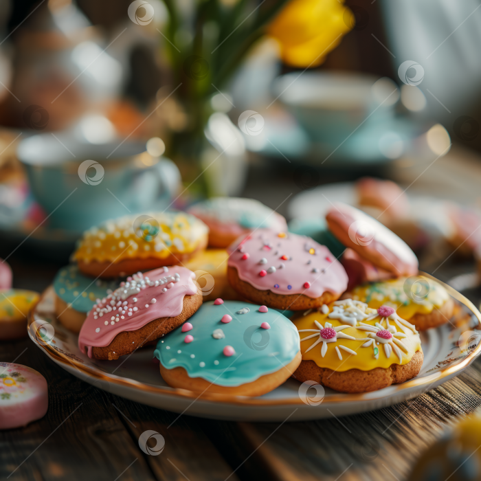 Скачать Украшенное пасхальное печенье на тарелке с чаем и цветами, концепция уютной домашней выпечки. фотосток Ozero