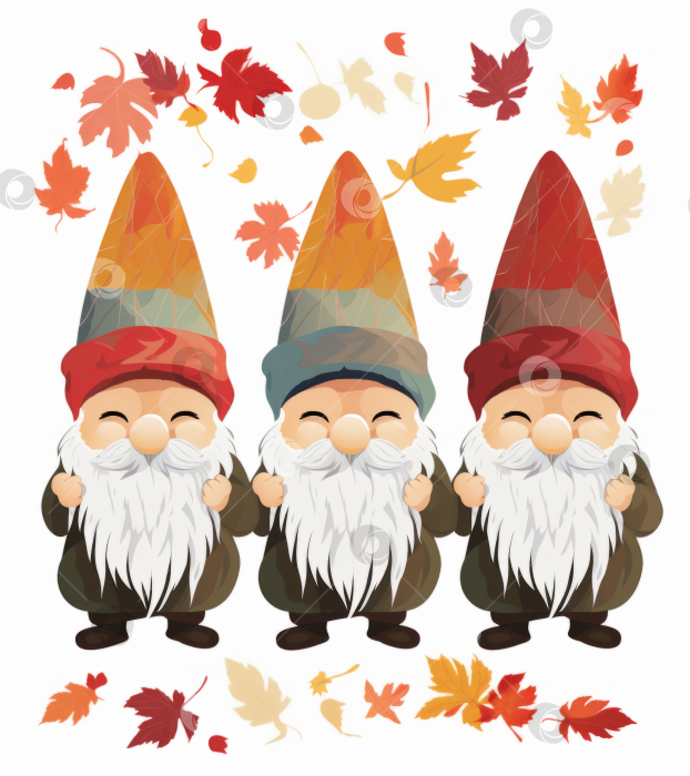 Скачать Три осенних гнома в разноцветных шляпах, летящие осенние листья, милая сезонная иллюстрация, праздничное оформление, изолированные. фотосток Ozero