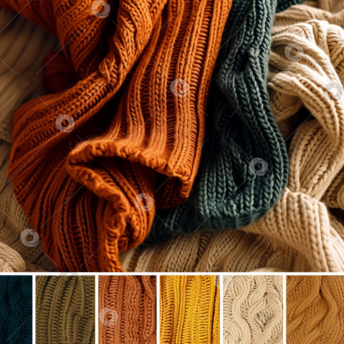 Скачать Коллаж из уютных вязаных свитеров теплых осенних тонов, идеально подходящий для осенней моды или текстильных фонов. фотосток Ozero
