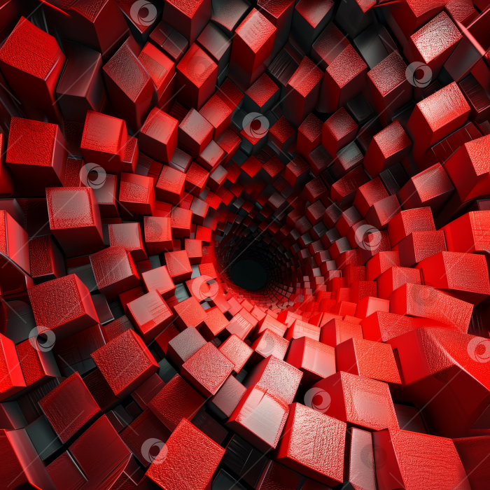 Скачать Красные кубические блоки в спиральном узоре, абстрактное цифровое искусство, эффект глубокого 3D туннеля, красный фон. фотосток Ozero