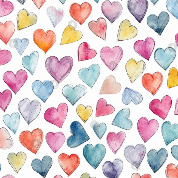 Скачать Разнообразные акварельные сердечки пастельных тонов, нарисованный от руки любовный узор для милых фонов или валентинок. фотосток Ozero