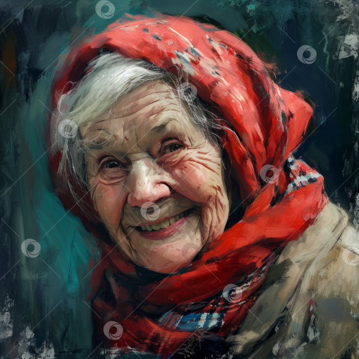 Скачать Улыбающаяся старая бабушка в красном платке, нарисованный портрет, передающий тепло и радость. фотосток Ozero