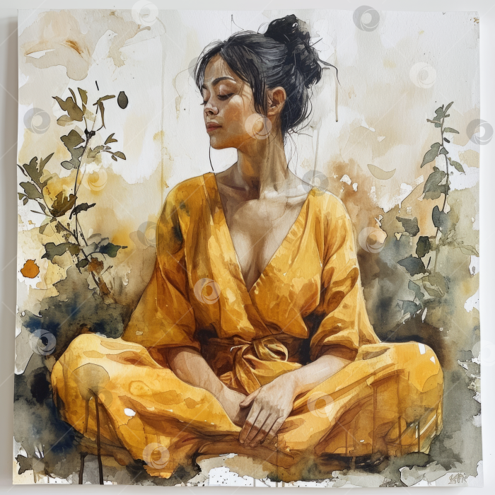 Скачать Женщина в позе медитации в желтом халате, спокойная акварель, тема осознанности и безмятежности. фотосток Ozero
