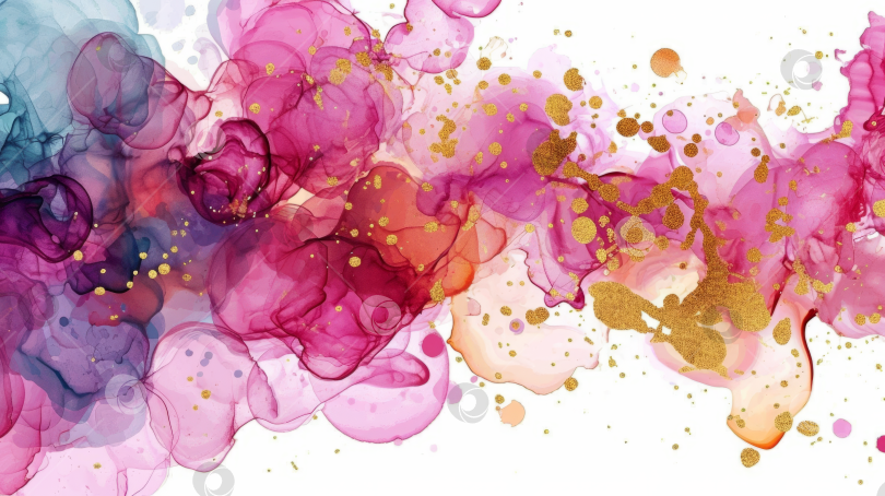 Скачать Абстрактный фон, разноцветные пузырьки спиртовых чернил розового и золотого цветов, флюид-арт для абстрактных фонов или ярких элементов дизайна. фотосток Ozero