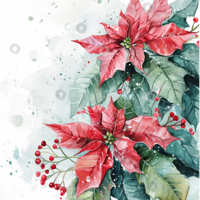 Скачать Акварельная иллюстрация красных цветов пуансеттии с зелеными листьями, праздничное рождественское растение, праздничный декор. фотосток Ozero