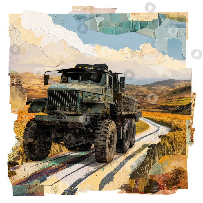 Скачать Военный грузовик на извилистой дороге, коллаж на фоне пейзажа, тема приключений и путешествий. фотосток Ozero