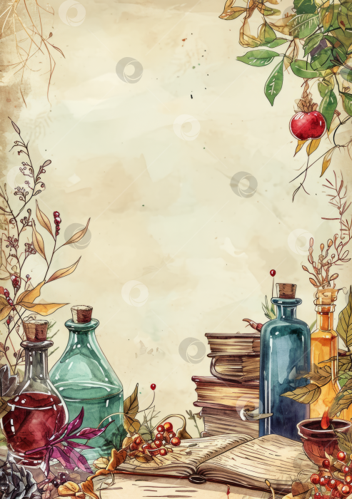 Скачать Винтажная ботаническая иллюстрация со старыми книгами и бутылочками с зельями, идеально подходящая для фэнтезийных или исторических сюжетов. фотосток Ozero