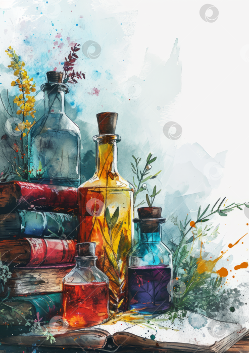 Скачать Художественная акварельная композиция со старинными книгами, разноцветными бутылочками с зельями и полевыми цветами, мистическая и причудливая. фотосток Ozero