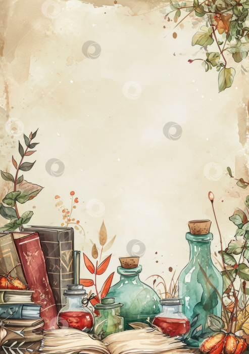 Скачать Винтажная ботаническая иллюстрация со старыми книгами, бутылочками с чернилами, осенними листьями и ягодами, ностальгическая и деревенская. фотосток Ozero