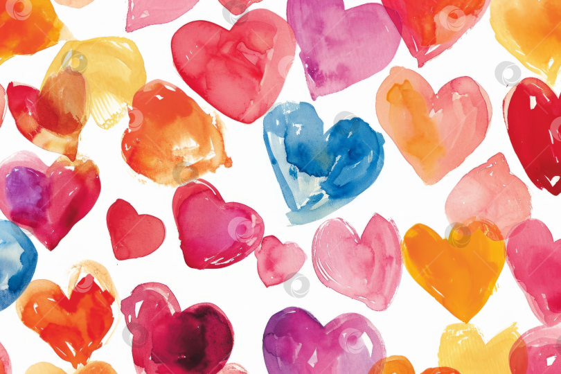 Скачать Красочный акварельный узор в виде сердечек, разбросанные символы любви, романтичная и жизнерадостная текстура ручной росписи для Дня Святого Валентина. фотосток Ozero