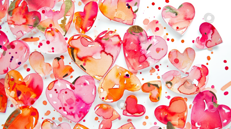 Скачать Прозрачные акварельные сердечки с вкраплениями розового и оранжевого, рассеянный романтический фон, концепция любви и дня Святого Валентина. фотосток Ozero