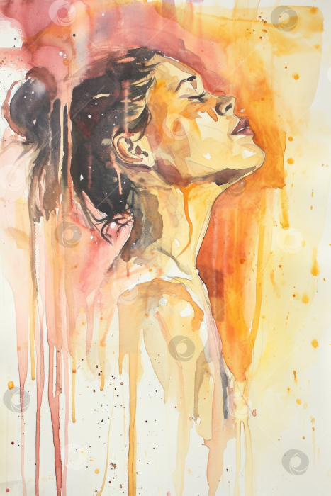 Скачать Абстрактный акварельный портрет женщины, смотрящей вверх, яркие оранжевые оттенки, выразительное и эмоциональное искусство, эффект капающей краски. фотосток Ozero