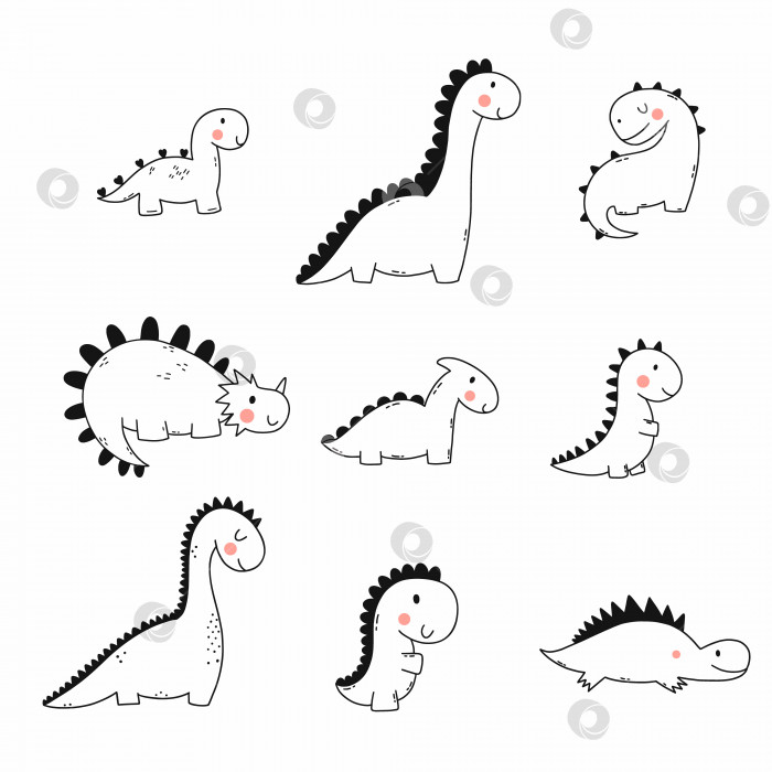 Скачать Милый динозавр в стиле каракулей. Забавная коллекция динозавров. Набор иллюстраций для детей. фотосток Ozero