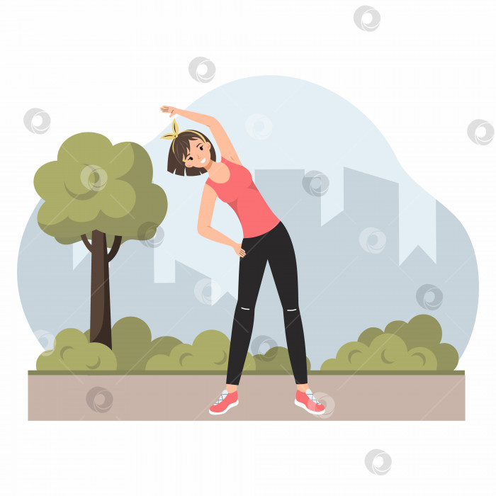 Скачать Молодая женщина делает зарядку на свежем воздухе. Девушка занимается спортом. Весенний город с небоскребами. Утренняя прогулка по летнему парку. фотосток Ozero