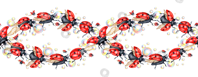 Скачать Горизонтальный узор из божьих коровок и мыльных пузырей акварелью фотосток Ozero