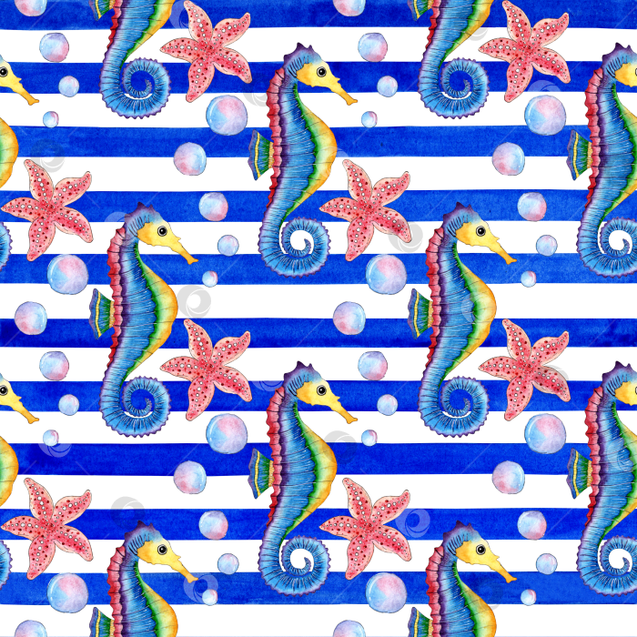 Скачать Узор в виде морского конька и морской звезды на полосатом акварельном фоне фотосток Ozero