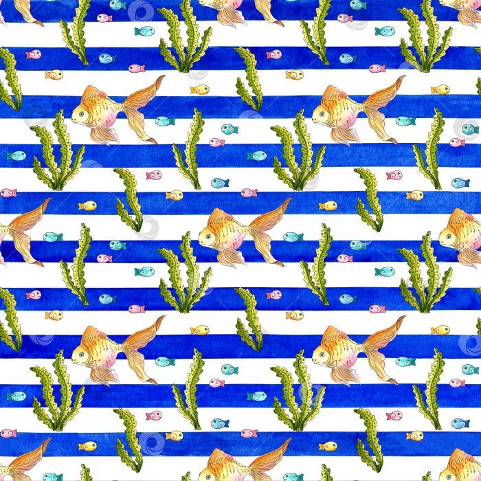 Скачать Золотая рыбка с водорослями на полосатом акварельном фоне фотосток Ozero