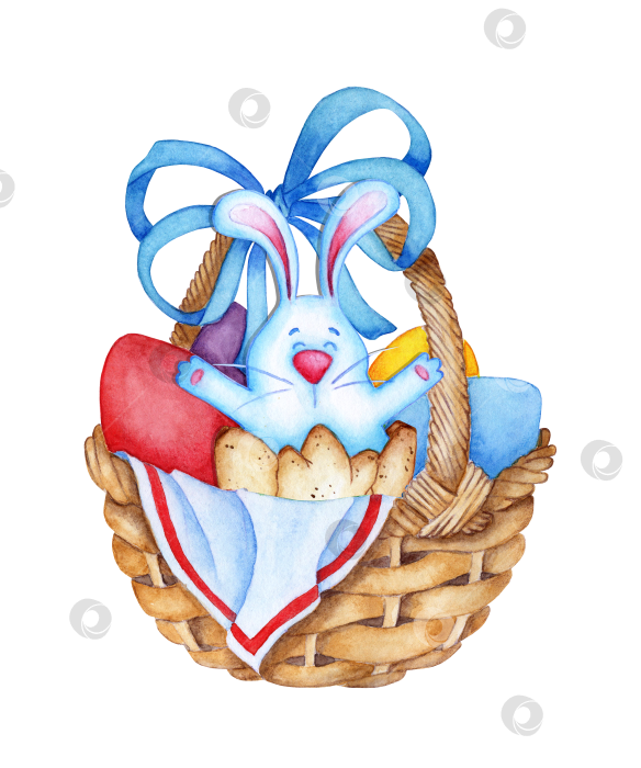 Скачать Пасхальная корзинка с яйцами и голубым кроликом акварелью фотосток Ozero