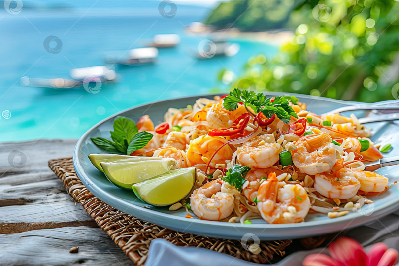 Скачать Тайский салат из морепродуктов на тарелке с лаймом и специями. Искусственный интеллект сгенерирован. фотосток Ozero