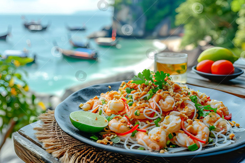 Скачать Тайский салат из морепродуктов на тарелке с лаймом и специями. Искусственный интеллект сгенерирован. фотосток Ozero