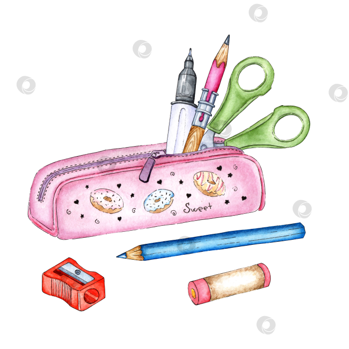 Скачать Пенал с акварельными ручками, карандашами и ножницами фотосток Ozero