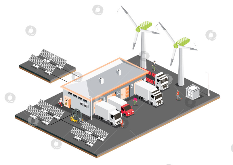 Скачать Изометрический распределительный логистический центр с солнечными панелями и ветряными турбинами. Складские помещения с грузовиками, изолированными на белом фоне. Погрузочно-разгрузочный терминал. фотосток Ozero