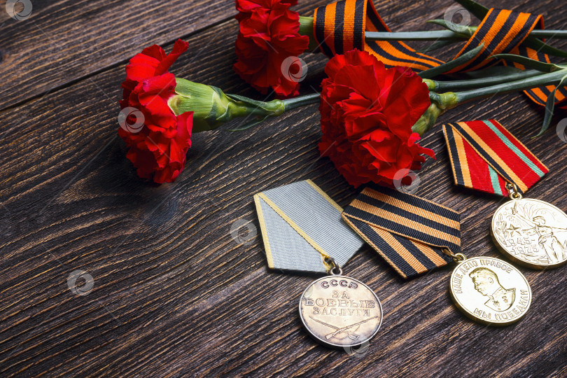 Скачать Предыстория 9 мая. Медали Великой Отечественной войны, Георгиевская лента и красные гвоздики на деревянном фоне. фотосток Ozero