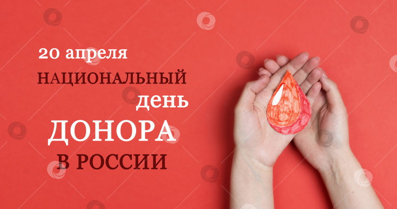 Скачать Национальный день донора в России отмечается 20 апреля. Человеческие руки держат символ капли крови на красном фоне. фотосток Ozero