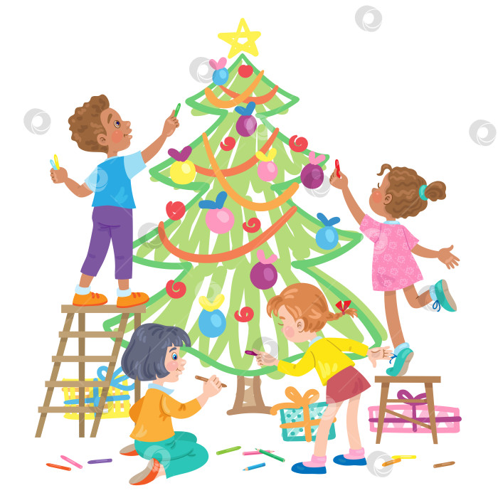 Скачать Дети рисуют рождественскую елку с подарками. Три девочки и один мальчик цветными карандашами. фотосток Ozero