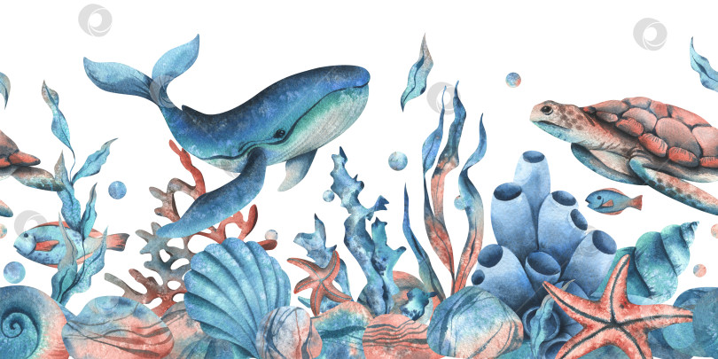 Скачать Клипарт подводного мира с морскими животными китом, черепахой, осьминогом, морским коньком, морской звездой, ракушками, кораллами и водорослями. Рисованная акварельная иллюстрация. Бесшовная рамка, изолированная от фона. фотосток Ozero