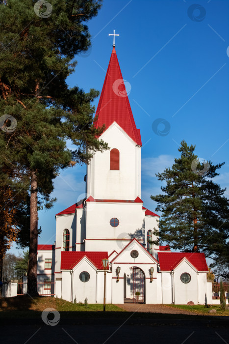 Скачать БЕЛАРУСЬ, НОВОПОЛОЦК - 16 октября 2019 года: Красная крыша церкви с крестом среди деревьев фотосток Ozero