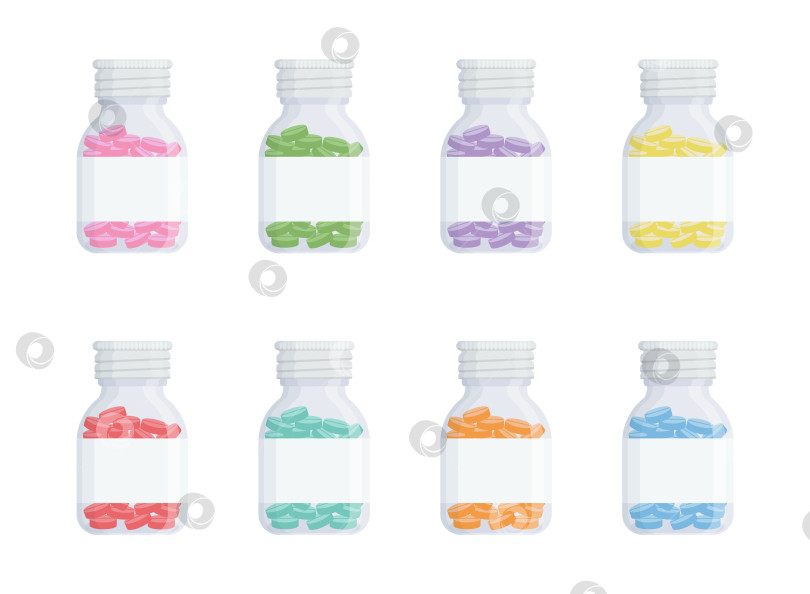 Скачать Набор медицинских флакончиков с разноцветными таблетками фотосток Ozero