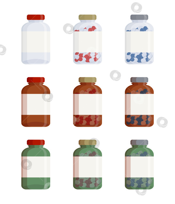 Скачать Набор прозрачных, коричневых и зеленых бутылочек с лекарствами фотосток Ozero