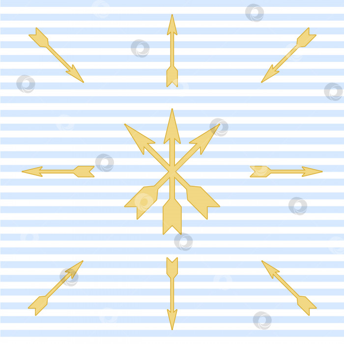 Скачать Бесшовный векторный фон в белую и синюю полоску с золотыми стрелками. Симметричная иллюстрация на морскую тему. фотосток Ozero