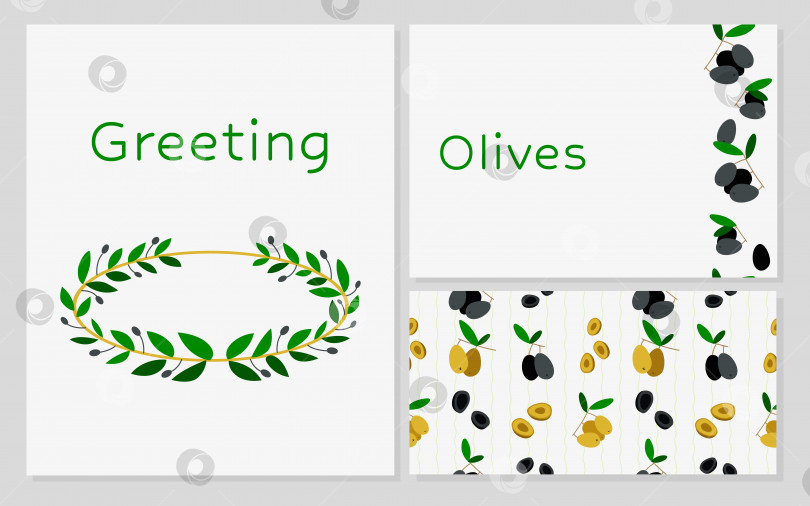 Скачать Коллекция дизайнов - шаблон поздравления с лавровым венком (пригласительный билет), шаблон открытки с маслинами и листьями, узор из оливок фотосток Ozero