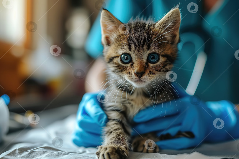 Скачать Крупный план врача-ветеринара в перчатках, осматривающего котенка в ветеринарной клинике фотосток Ozero