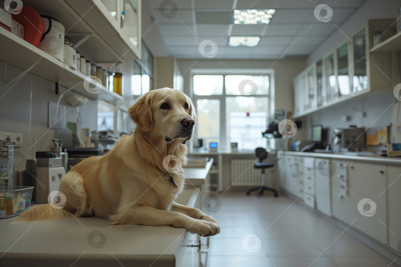 Скачать Собака лабрадор лежит на обследовании в современной ветеринарной клинике фотосток Ozero