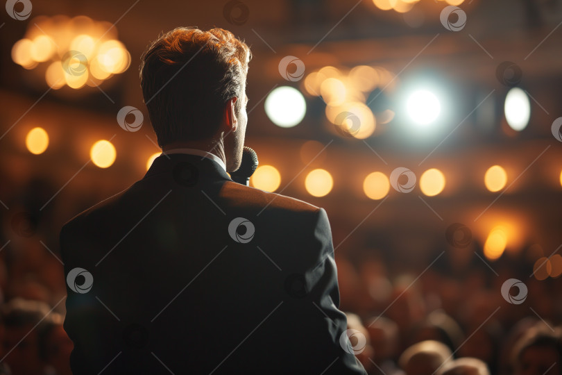 Скачать Вид сзади на мужчину в костюме, который держит микрофон и выступает на сцене перед слушающими людьми. Публичное выступление, лекция фотосток Ozero
