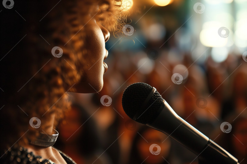 Скачать Певица, крупный план афроамериканки, говорящей в микрофон на сцене фотосток Ozero