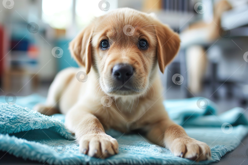 Скачать Испуганный домашний питомец, чистокровный щенок, лежит на одеяле в ветеринарной клинике и смотрит в камеру, лечение собаки фотосток Ozero