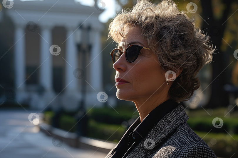 Скачать Уверенная в себе пожилая женщина-политик или президент, стоящая на фоне здания на открытом воздухе фотосток Ozero