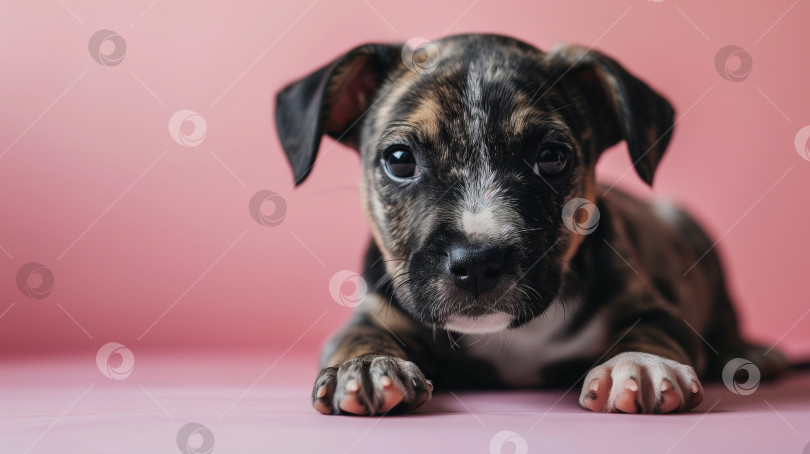 Скачать Милый баннер с изображением щенка с пространством для копирования, маленькая домашняя собачка лежит на розовом фоне и смотрит в камеру фотосток Ozero
