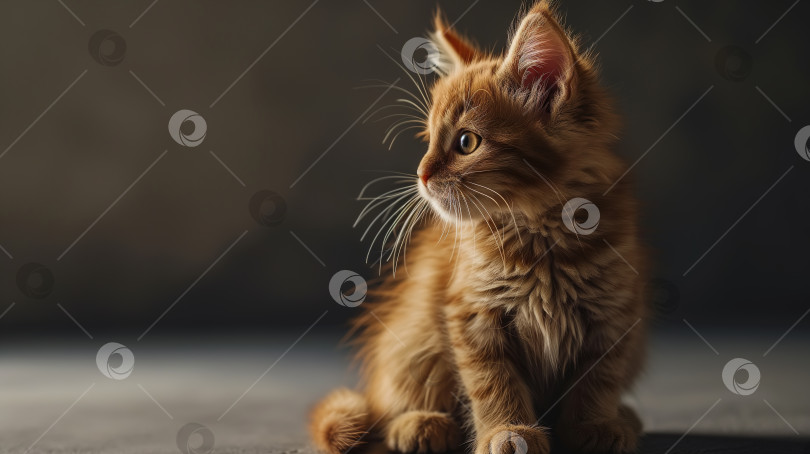 Скачать Маленький пушистый рыжий котенок-питомец сидит на полу и смотрит в сторону, баннер с пространством для копирования фотосток Ozero