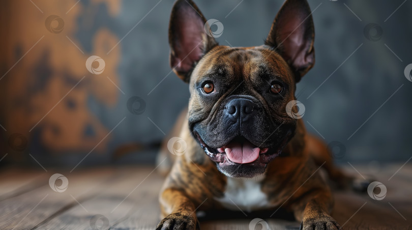 Скачать Симпатичный коричневый бульдог, лежащий в помещении и смотрящий в камеру, портрет любимой собаки с пространством для копирования фотосток Ozero