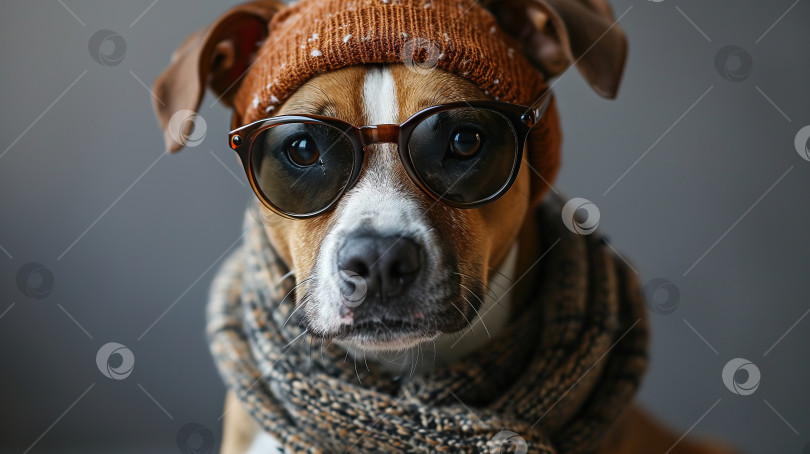 Скачать Портрет стильной собаки-терьера в очках, в шляпе и шарфе на сером фоне, домашнее животное смотрит в камеру фотосток Ozero