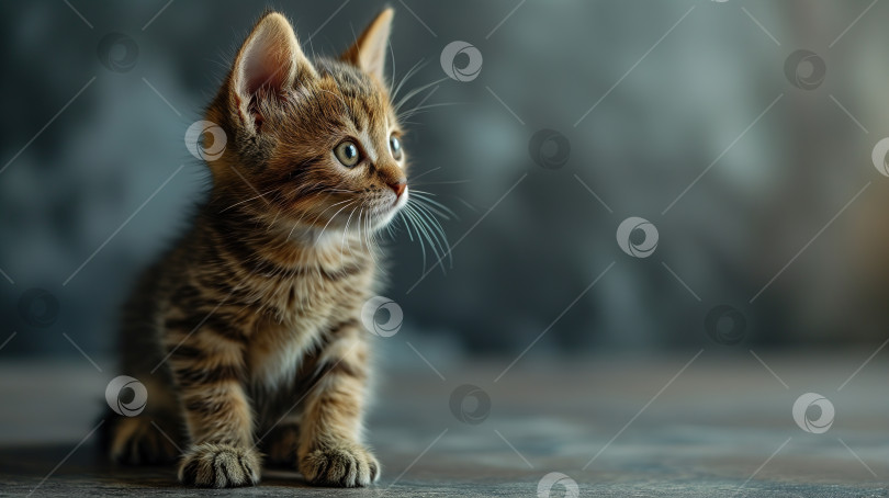 Скачать Баннер с милым маленьким котенком с местом для копирования. Пушистый питомец сидит на полу и смотрит в сторону фотосток Ozero