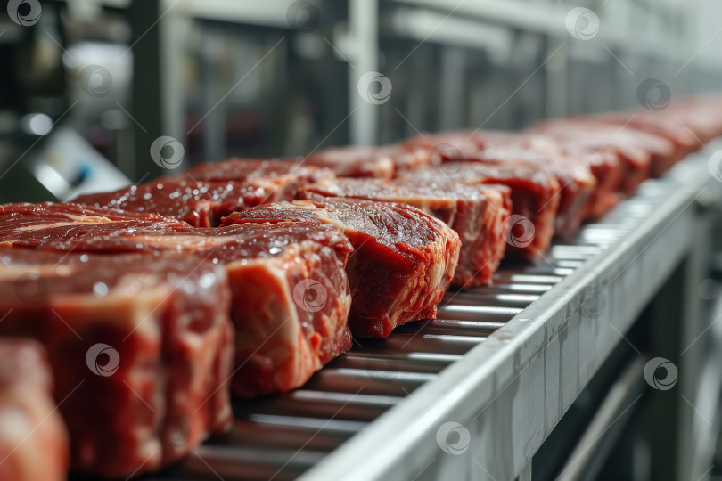 Скачать Современный завод по производству мяса, крупный план красных кусочков стейка на конвейерной ленте фотосток Ozero