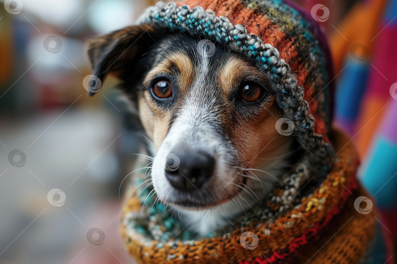 Скачать Собака в вязаной уютной одежде на открытом воздухе фотосток Ozero
