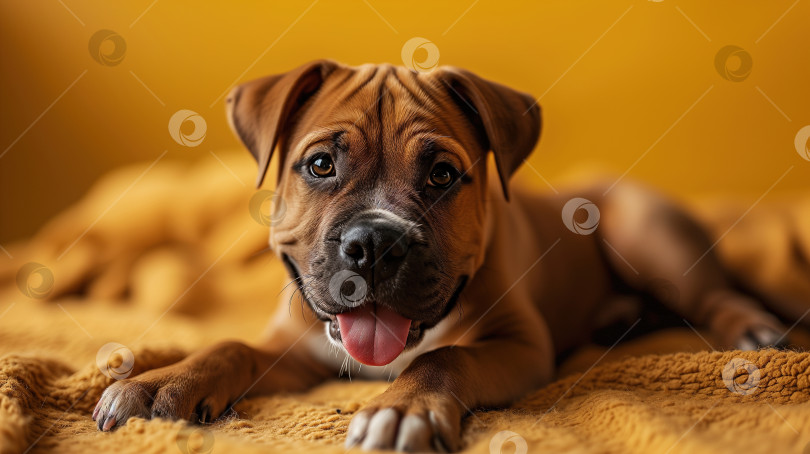 Скачать Породистая домашняя собака лежит на желтом одеяле в помещении и смотрит в камеру фотосток Ozero