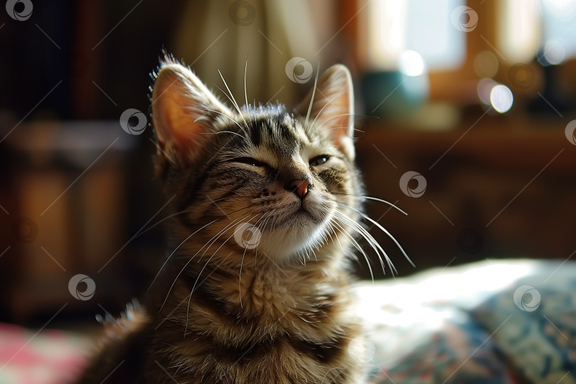Скачать Милая домашняя кошка наслаждается солнечным теплым днем, сидя в помещении с закрытыми глазами питомца фотосток Ozero